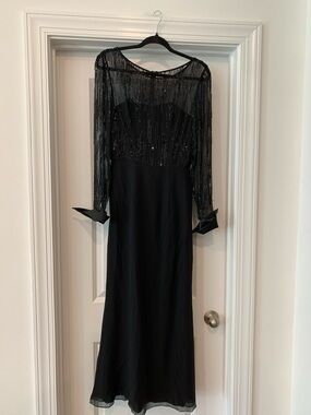 Victoria Luxury Silk Black Beaded Long-Sleeve Evening Dress